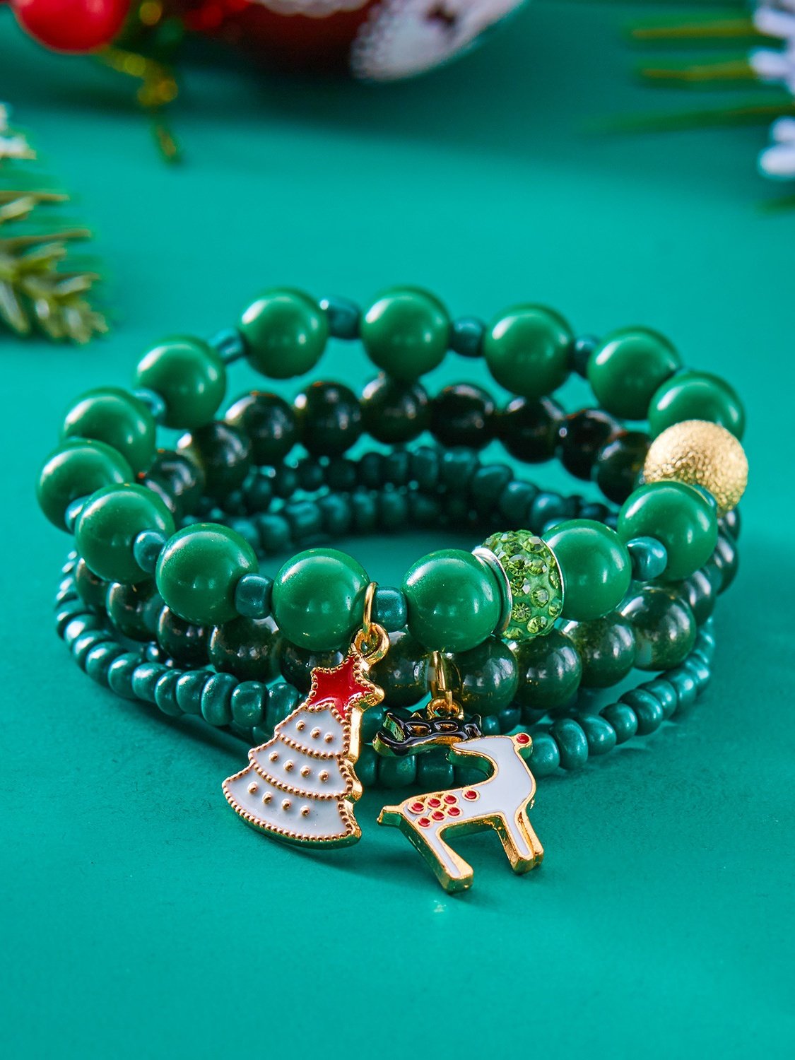 Neu Weihnachten Reis Korn Armband Vier-Pack Damen Stapeln Weihnachtsmann Schneeflocke Glocke Elch Urlaub Party Armband