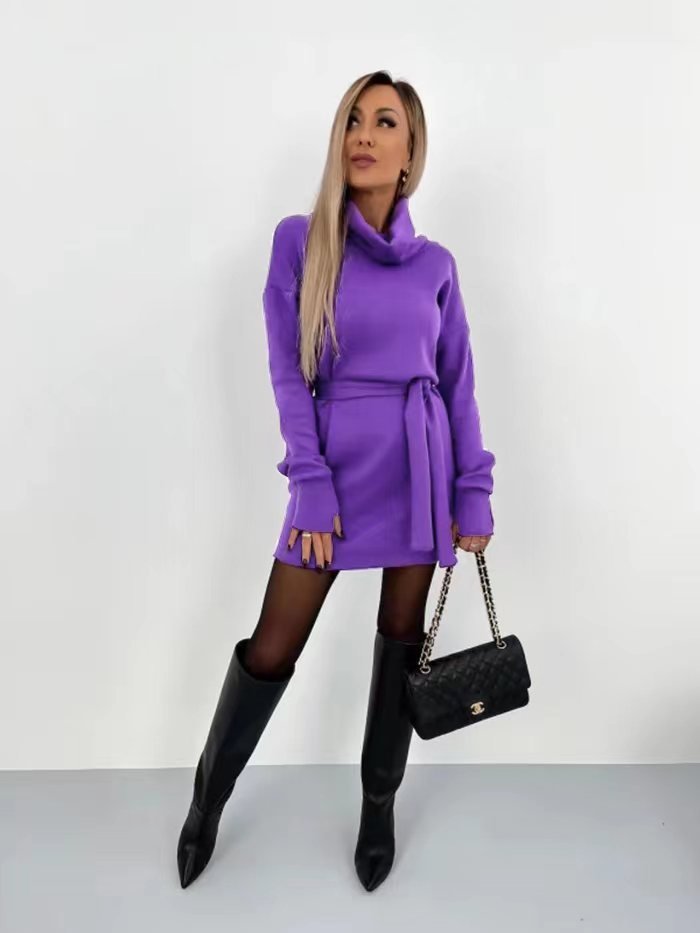Damen Unifarben Langarm Frühling/Herbst Nahtverarbeitung Kleid Rollkragen Täglich Retro Mini Hüftrock Figurbetontes Kleid