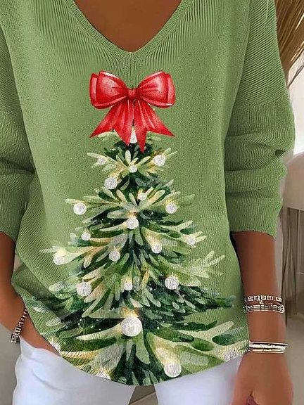 Damen Weihnachten Langarm T-Shirts T-Shirt V-Ausschnitt Print Lässig Frühling/Herbst Oberteile