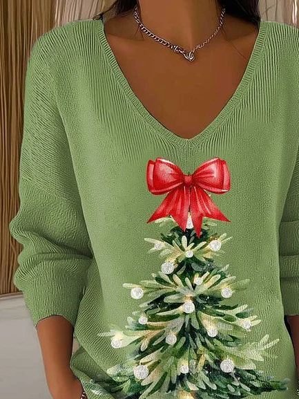 Damen Weihnachten Langarm T-Shirts T-Shirt V-Ausschnitt Print Lässig Frühling/Herbst Oberteile