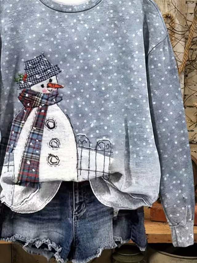 Damen Weihnachtsschneemann Rundhals Print Lässig Frühling/Herbst Langarm Sweatshirt