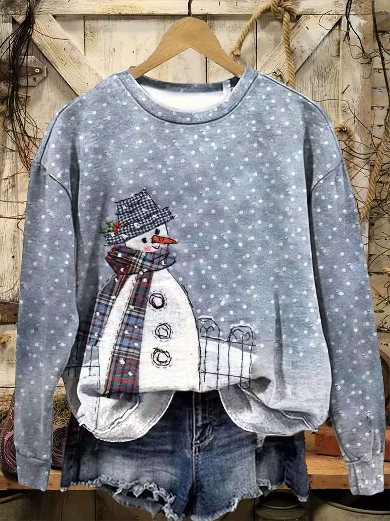 Damen Weihnachtsschneemann Rundhals Print Lässig Frühling/Herbst Langarm Sweatshirt
