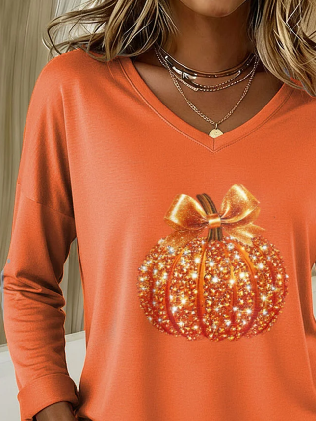 Damen Halloween (Kürbis) Langarm T-Shirts T-Shirt V-Ausschnitt Print Lässig Frühling/Herbst T-Shirt mit Grafik Oberteile