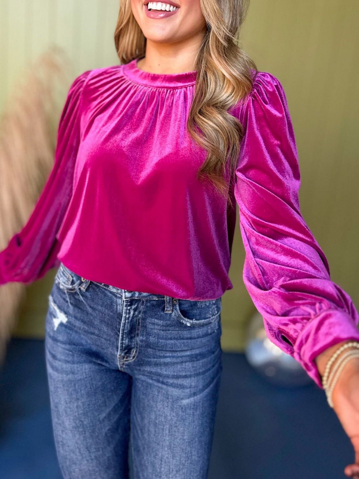 Damen Unifarben Langarm Bluse Frühling/Herbst Gerafft Rundhals Puffärmel Täglich Lässig Oberteile