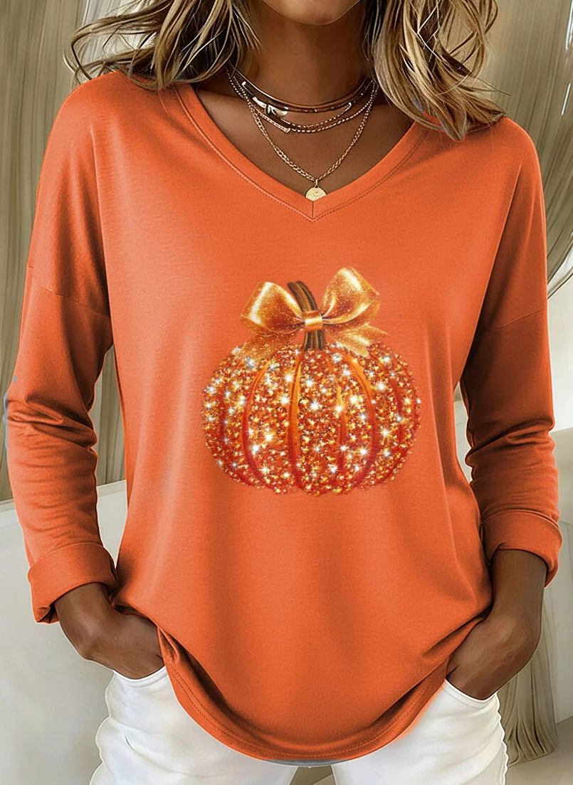 Damen Halloween (Kürbis) Langarm T-Shirts T-Shirt V-Ausschnitt Print Lässig Frühling/Herbst T-Shirt mit Grafik Oberteile