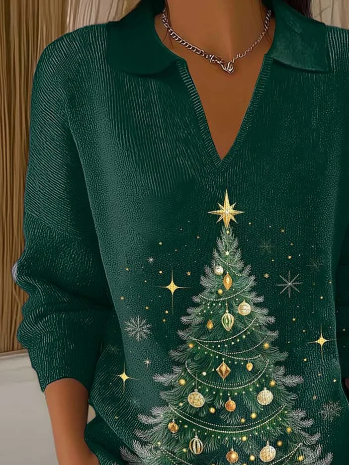 Damen Weihnachten Print Frühling/Herbst Lässig Langarm Schalkragen Pullover