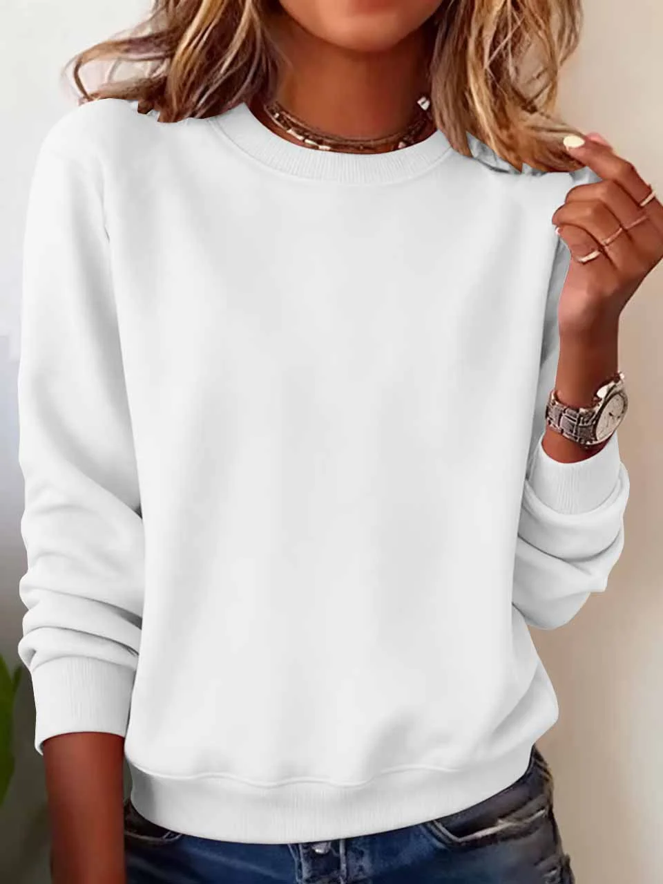 Damen Unifarben Rundhals Lässig Frühling/Herbst Langarm Sweatshirt