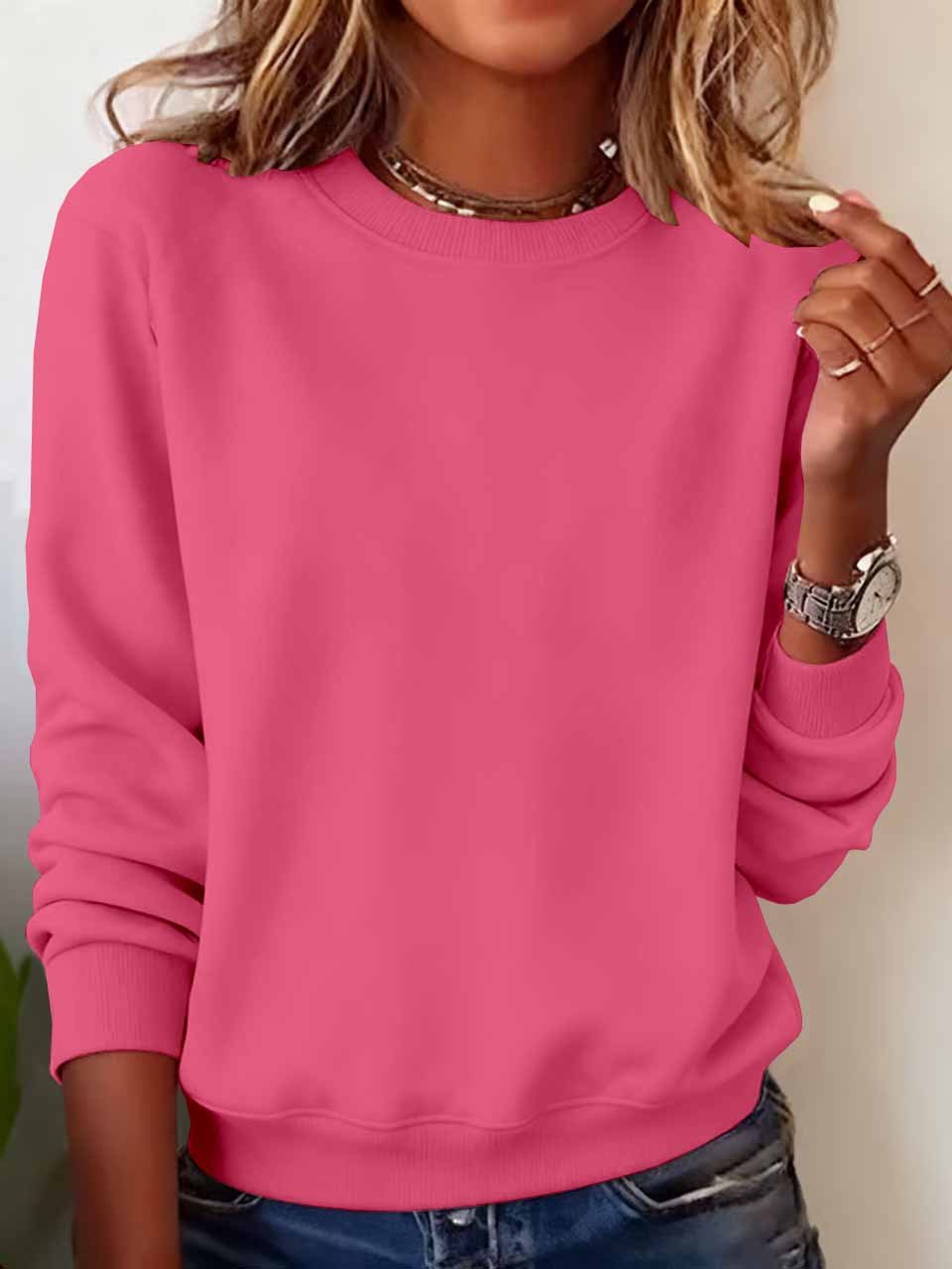 Damen Unifarben Rundhals Lässig Frühling/Herbst Langarm Sweatshirt