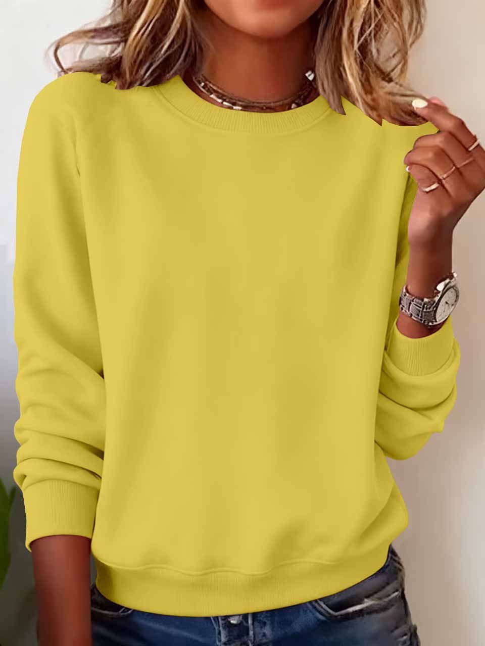 Damen Unifarben Rundhals Lässig Frühling/Herbst Langarm Sweatshirt