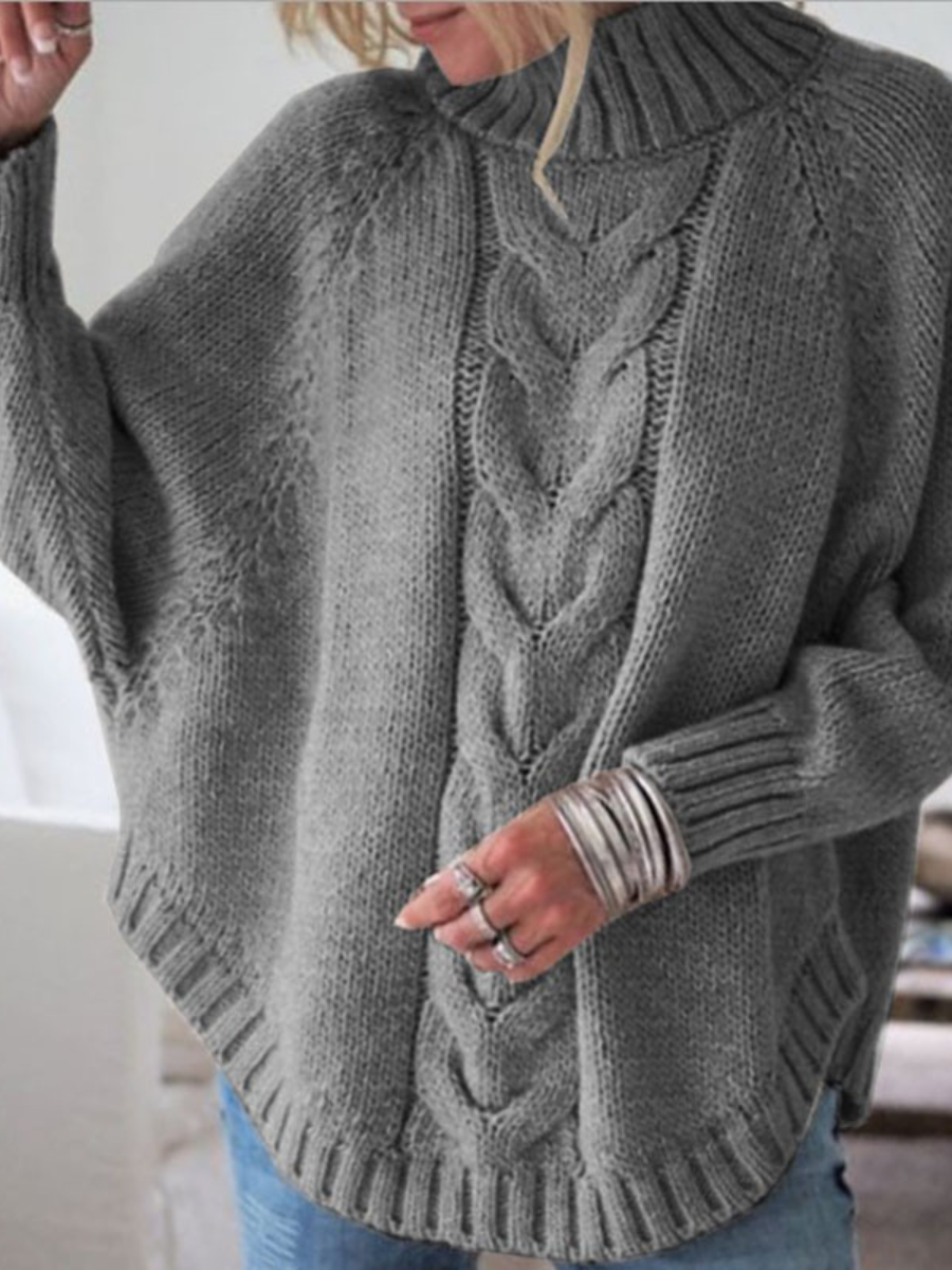Damen Unifarben Jacquard Winter Straße Dolman-Ärmel Langarm Mock Neck Pullover