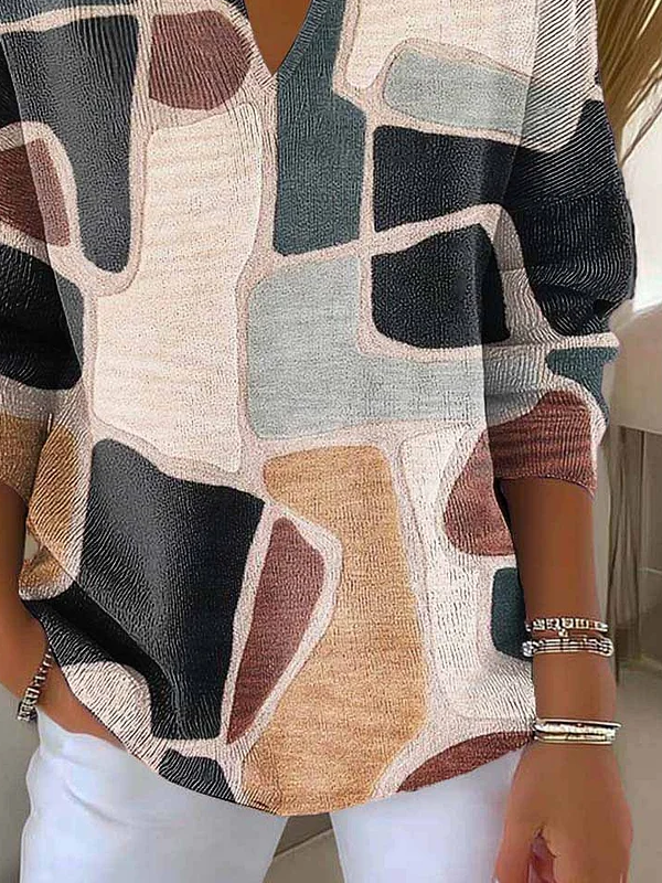 Damen Abstrakt Print Frühling/Herbst Lässig Langarm Schalkragen Pullover