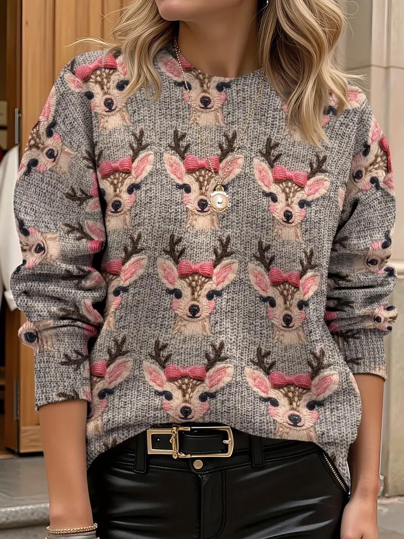 Damen Weihnachten Print Frühling/Herbst Lässig Langarm Rundhals Pullover
