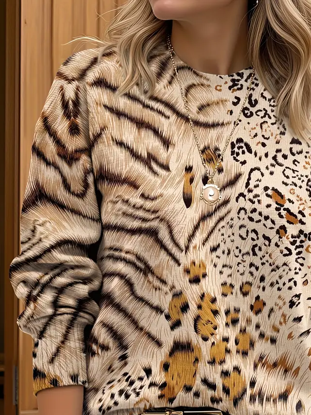 Damen Leopard Print Frühling/Herbst Lässig Langarm Rundhals Pullover