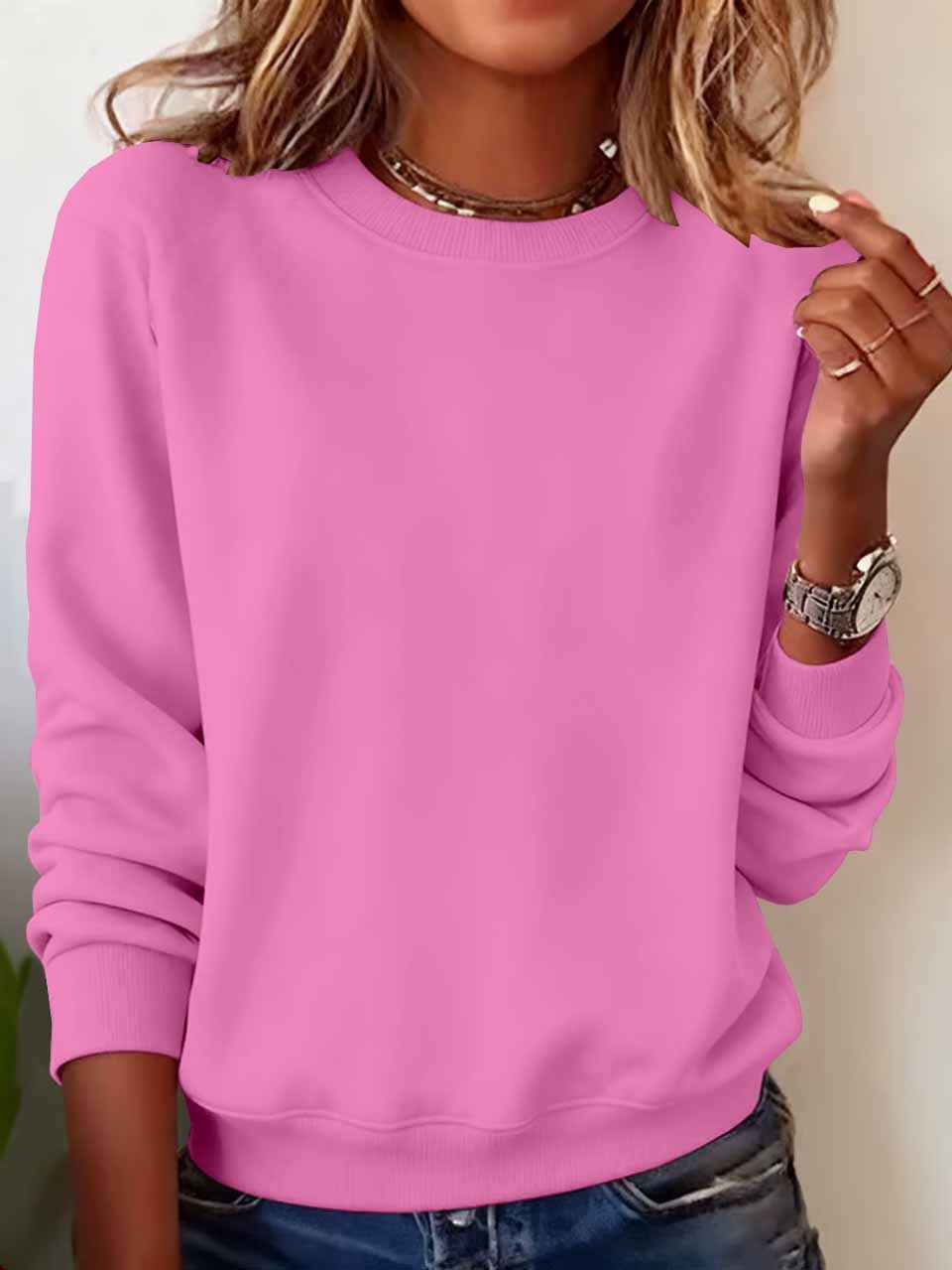 Damen Unifarben Rundhals Lässig Frühling/Herbst Langarm Sweatshirt