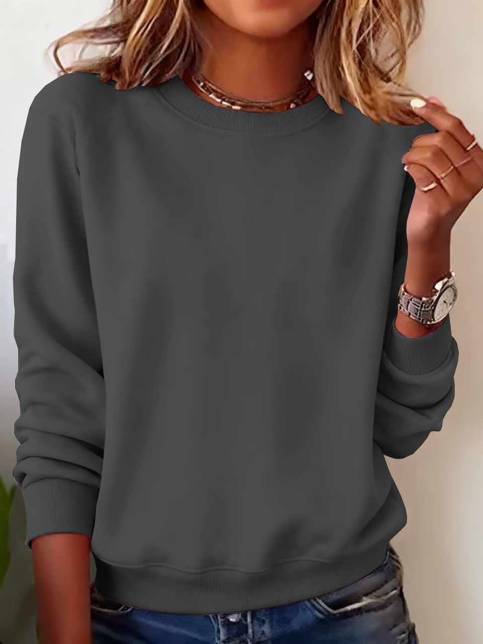 Damen Unifarben Rundhals Lässig Frühling/Herbst Langarm Sweatshirt
