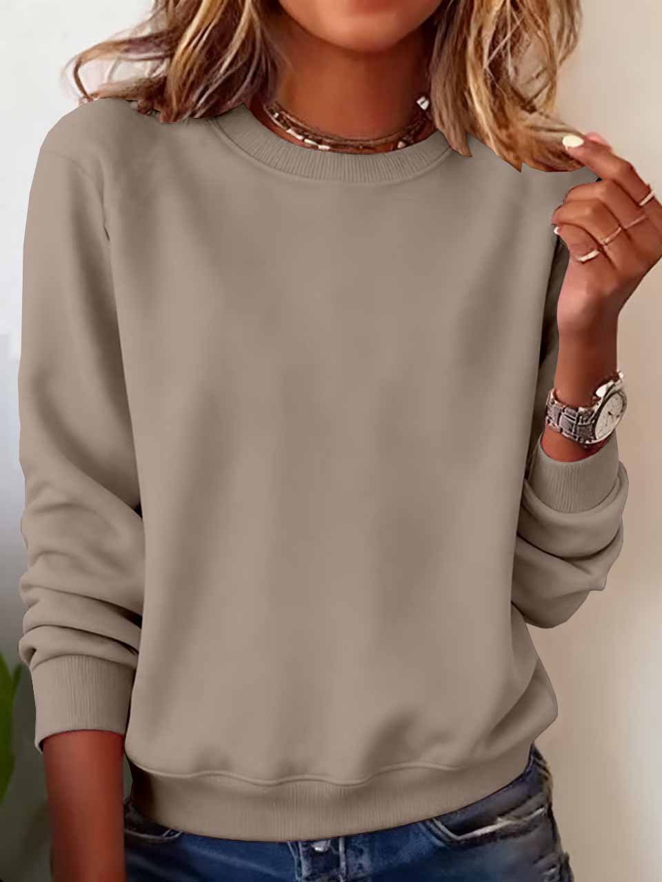 Damen Unifarben Rundhals Lässig Frühling/Herbst Langarm Sweatshirt
