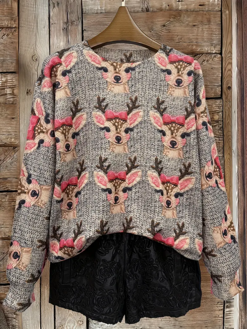 Damen Weihnachten Print Frühling/Herbst Lässig Langarm Rundhals Pullover