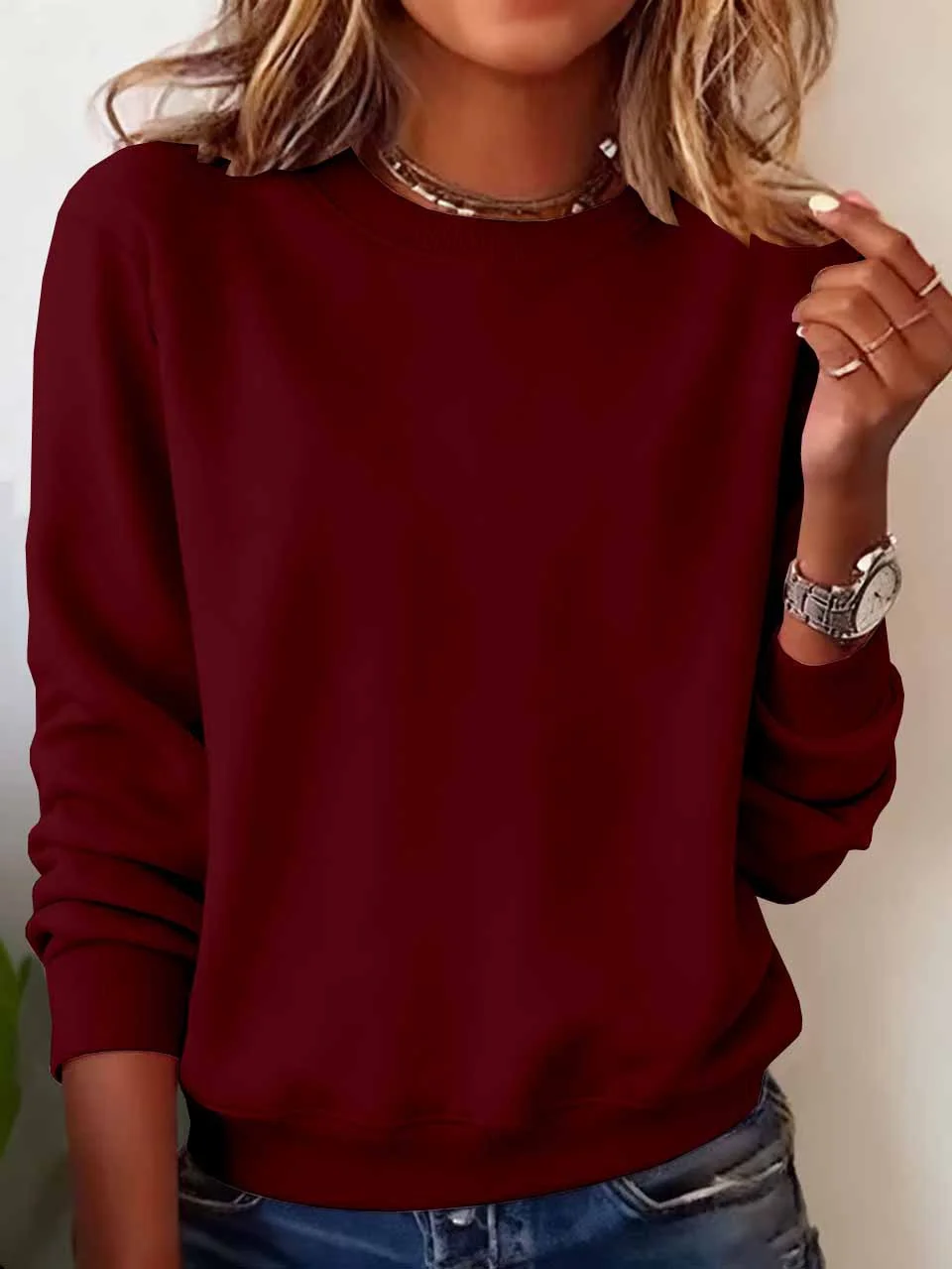Damen Unifarben Rundhals Lässig Frühling/Herbst Langarm Sweatshirt