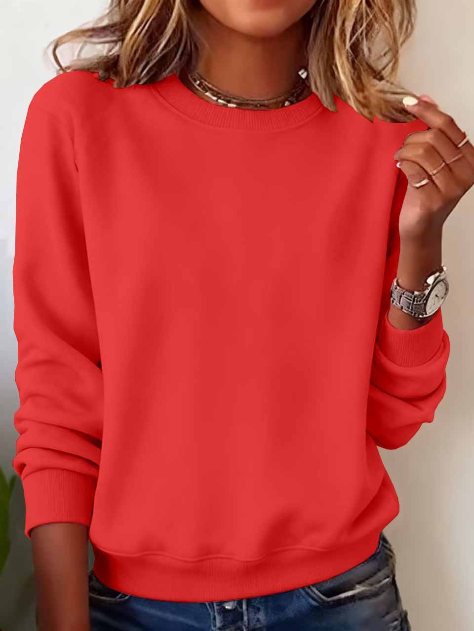 Damen Unifarben Rundhals Lässig Frühling/Herbst Langarm Sweatshirt