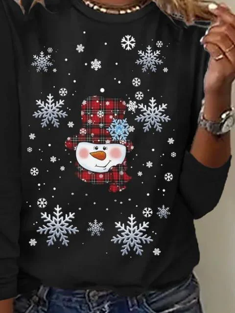 Damen Weihnachtsschneemann Langarm T-Shirts T-Shirt Rundhals Print Lässig Frühling/Herbst T-Shirt mit Grafik Oberteile