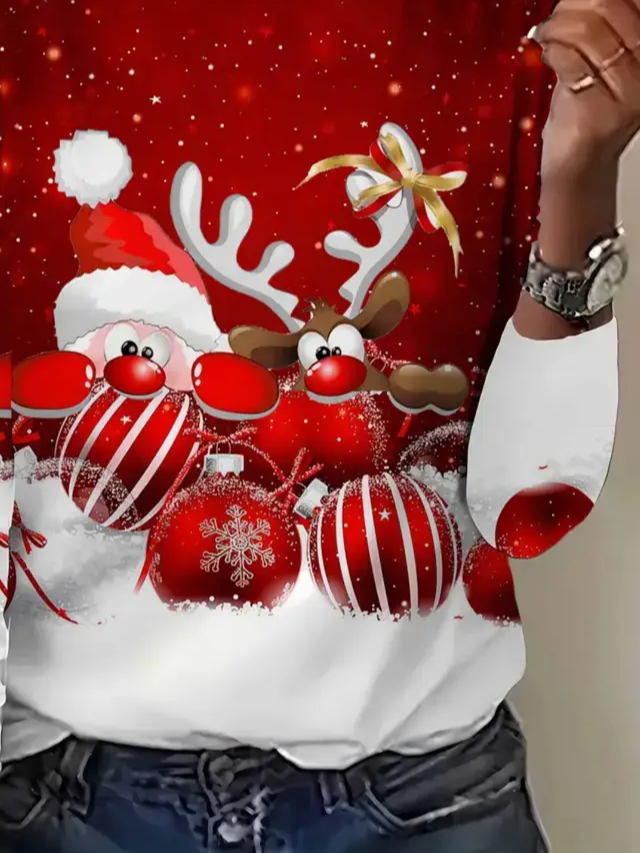 Damen Weihnachten Langarm T-Shirts T-Shirt Rundhals Print Lässig Frühling/Herbst T-Shirt mit Grafik Oberteile