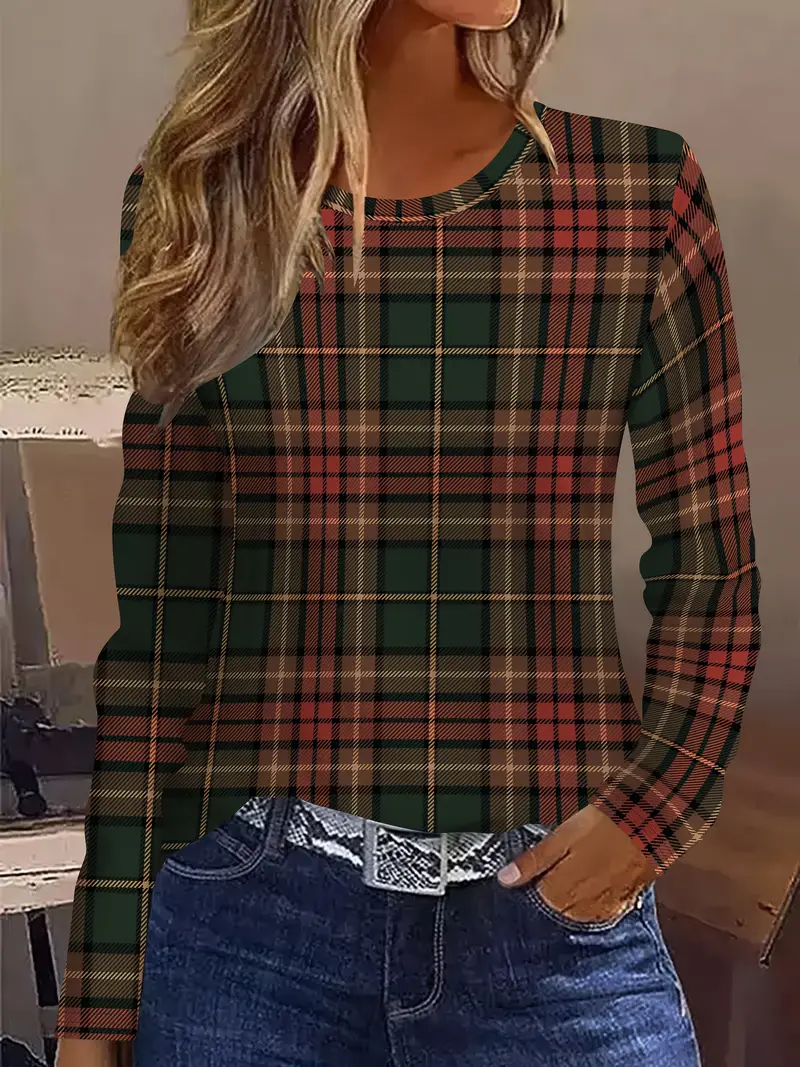 Damen Kariert Langarm T-Shirts T-Shirt Rundhals Print Lässig Frühling/Herbst T-Shirt mit Grafik Oberteile