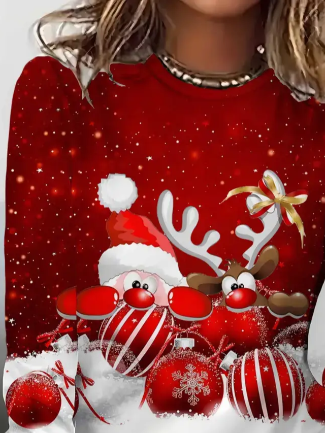 Damen Weihnachten Langarm T-Shirts T-Shirt Rundhals Print Lässig Frühling/Herbst T-Shirt mit Grafik Oberteile
