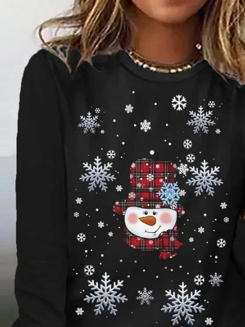 Damen Weihnachtsschneemann Langarm T-Shirts T-Shirt Rundhals Print Lässig Frühling/Herbst T-Shirt mit Grafik Oberteile