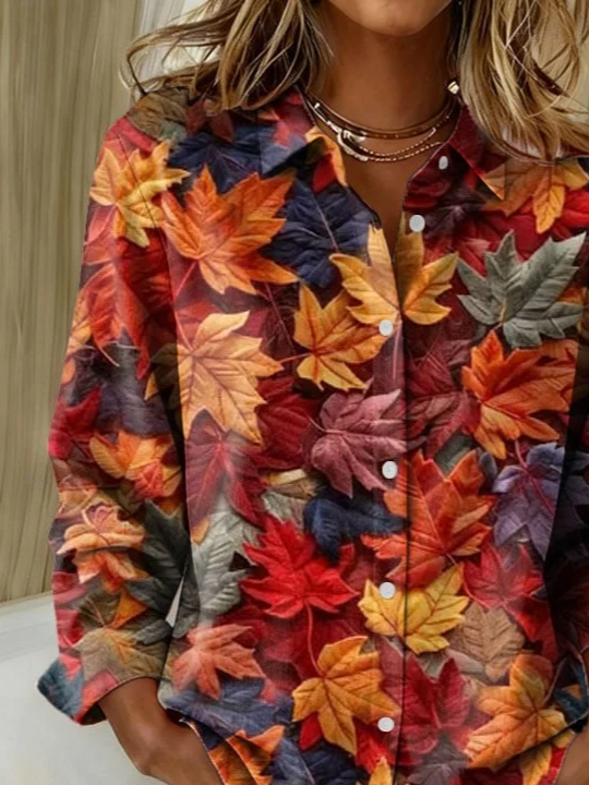 Damen Ahornblatt Langarm Bluse Frühling/Herbst Schnalle Hemdkragen Normale Ärmel Täglich Lässig Oberteile