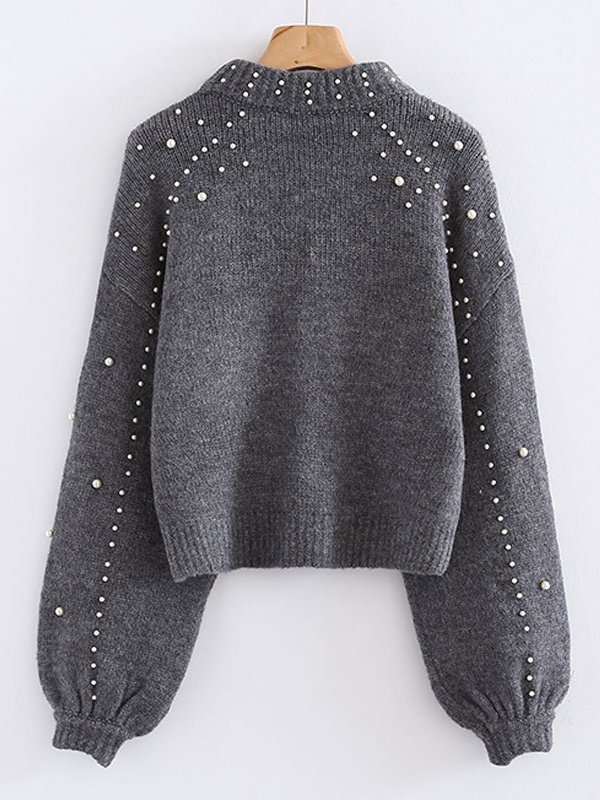 Damen Unifarben Perlen Winter Straße Ballon-Ärmel Langarm Mock Neck Baumwollmischung Pullover