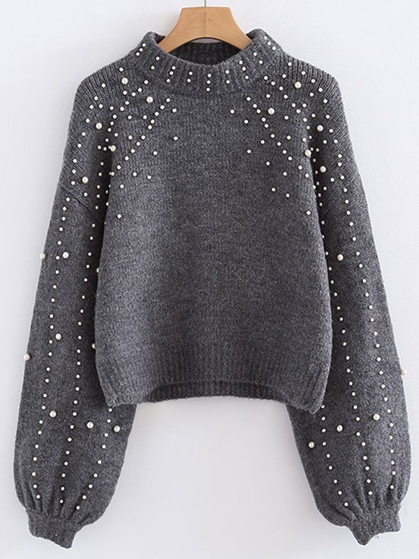 Damen Unifarben Perlen Winter Straße Ballon-Ärmel Langarm Mock Neck Baumwollmischung Pullover