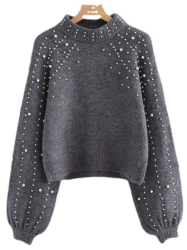Damen Unifarben Perlen Winter Straße Ballon-Ärmel Langarm Mock Neck Baumwollmischung Pullover