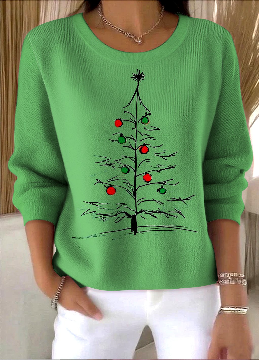 Damen Weihnachten Frühling/Herbst Retro Langarm Rundhals Baumwolle Pullover