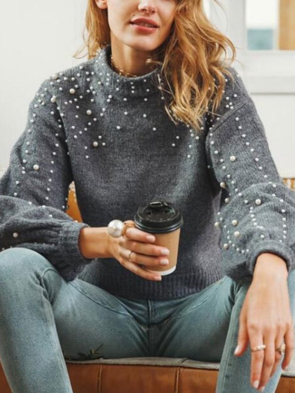 Damen Unifarben Perlen Winter Straße Ballon-Ärmel Langarm Mock Neck Baumwollmischung Pullover