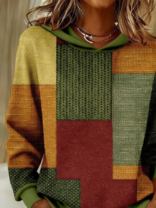 Damen Multifarben Block Frühling/Herbst Print Langarm Lässig Täglich Kapuze
