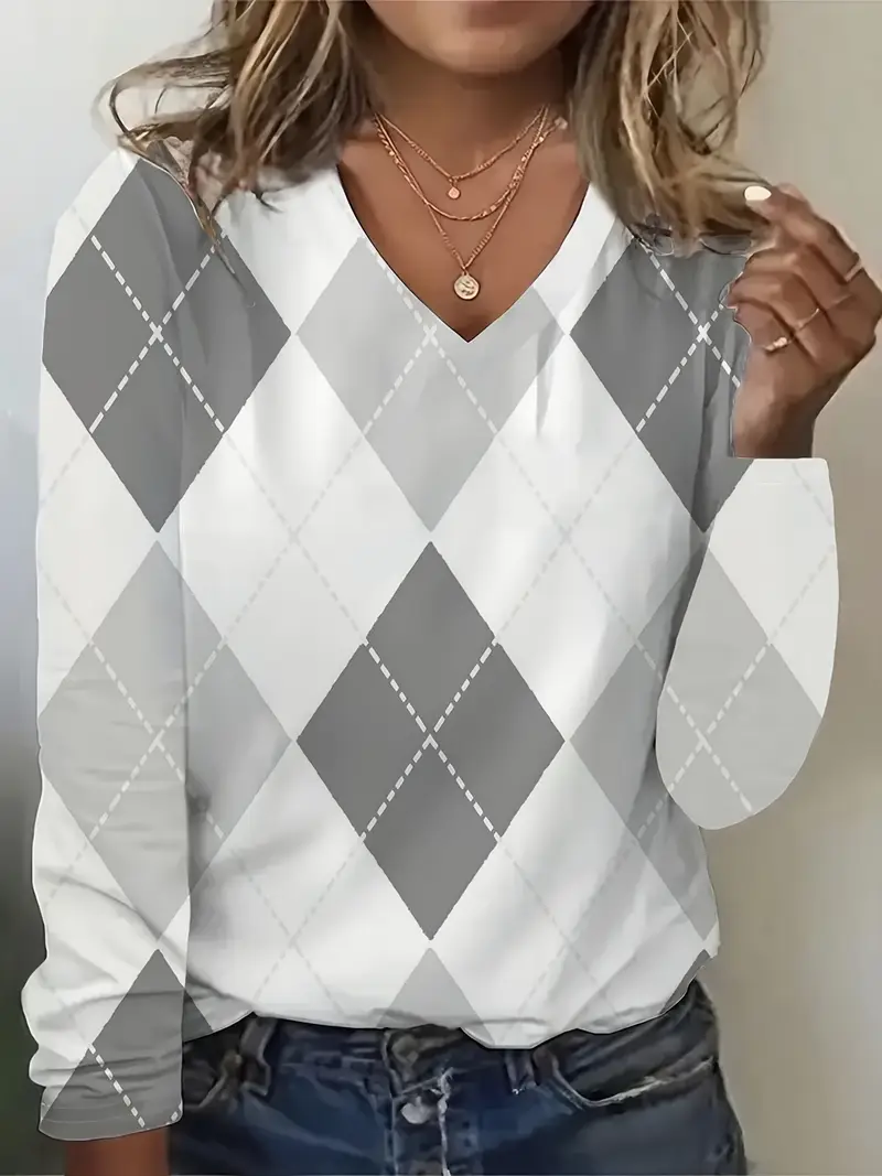 Damen Kariert Langarm T-Shirts T-Shirt V-Ausschnitt Print Lässig Frühling/Herbst T-Shirt mit Grafik Oberteile
