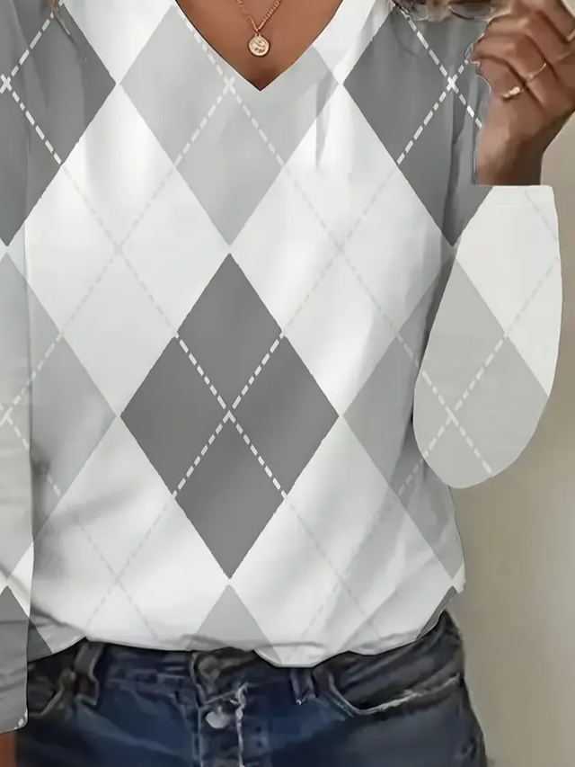 Damen Kariert Langarm T-Shirts T-Shirt V-Ausschnitt Print Lässig Frühling/Herbst T-Shirt mit Grafik Oberteile