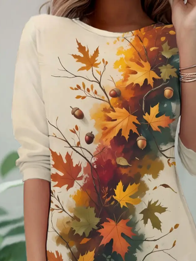Damen Ahornblatt Langarm T-Shirts T-Shirt Rundhals Lässig Frühling/Herbst Tunika Oberteile