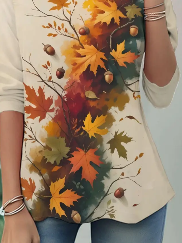 Damen Ahornblatt Langarm T-Shirts T-Shirt Rundhals Lässig Frühling/Herbst Tunika Oberteile
