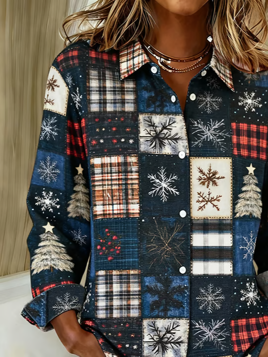 Damen Weihnachten Langarm Bluse Frühling/Herbst Schnalle Hemdkragen Normale Ärmel Täglich Lässig Oberteile