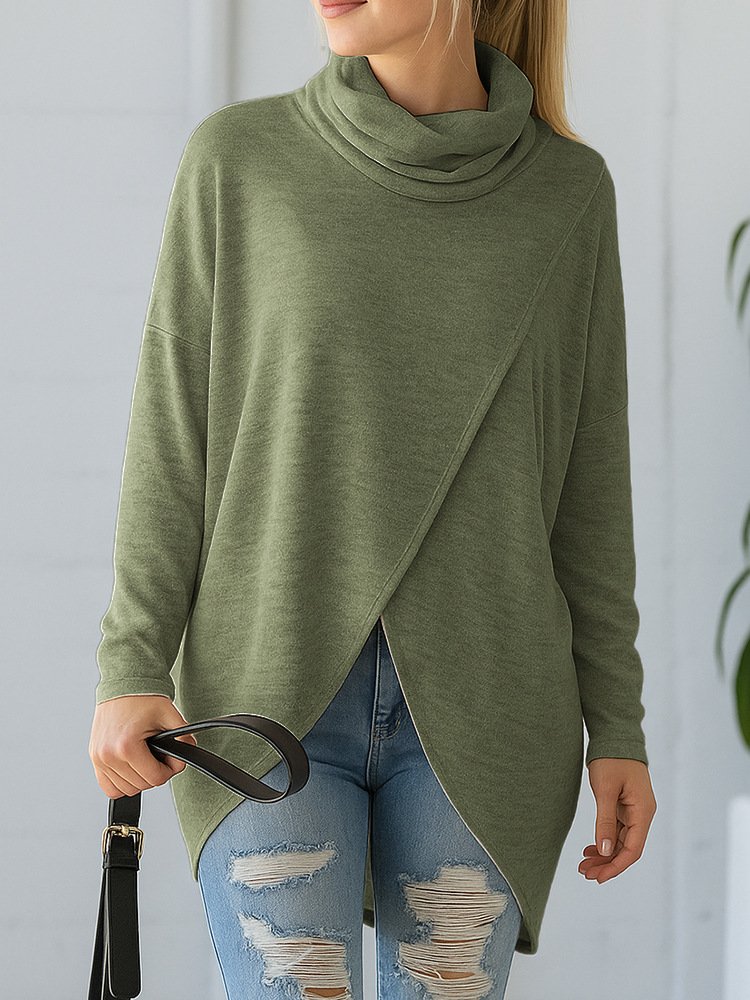 Damen Unifarben Langarm T-Shirts T-Shirt Mock Neck Asymmetrisch Lässig Frühling/Herbst Oberteile