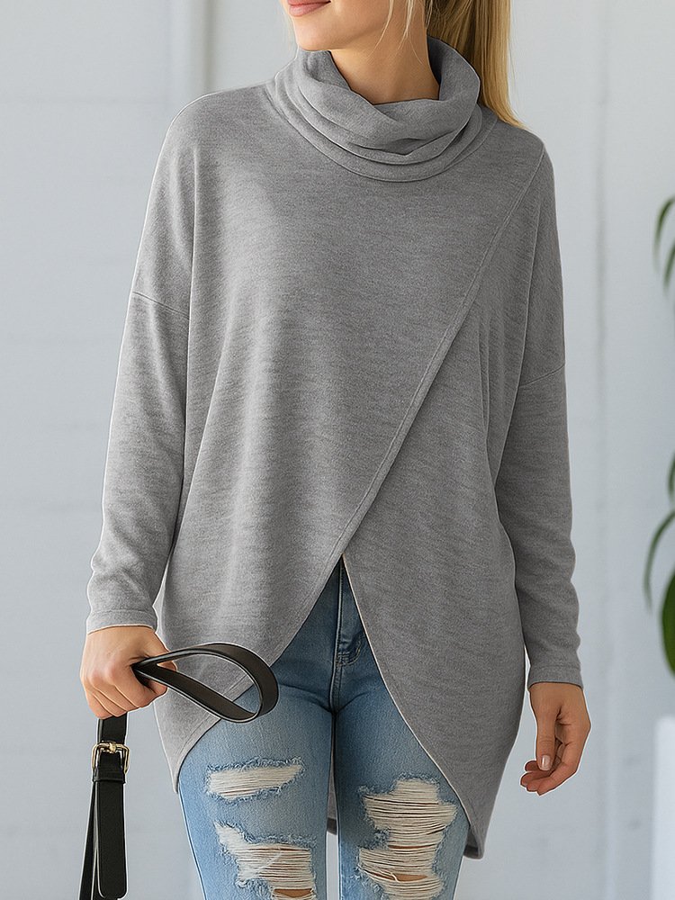 Damen Unifarben Langarm T-Shirts T-Shirt Mock Neck Asymmetrisch Lässig Frühling/Herbst Oberteile