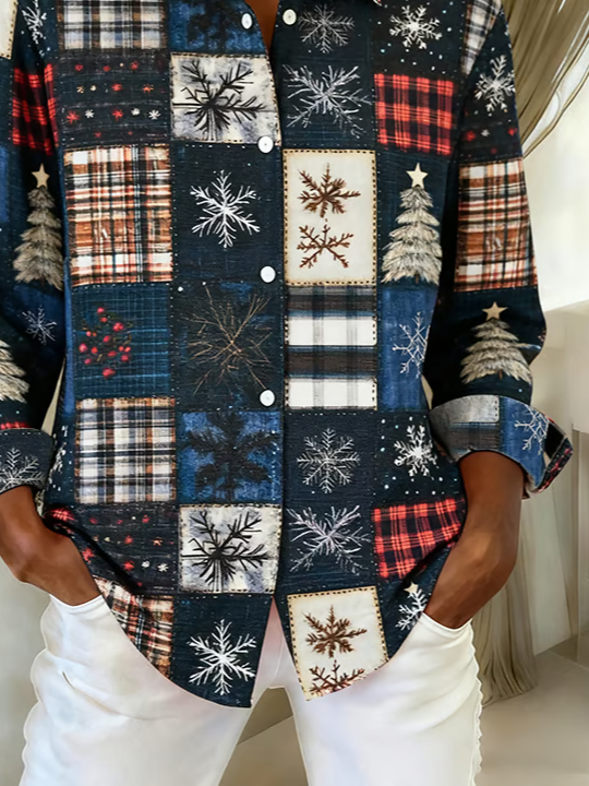 Damen Weihnachten Langarm Bluse Frühling/Herbst Schnalle Hemdkragen Normale Ärmel Täglich Lässig Oberteile