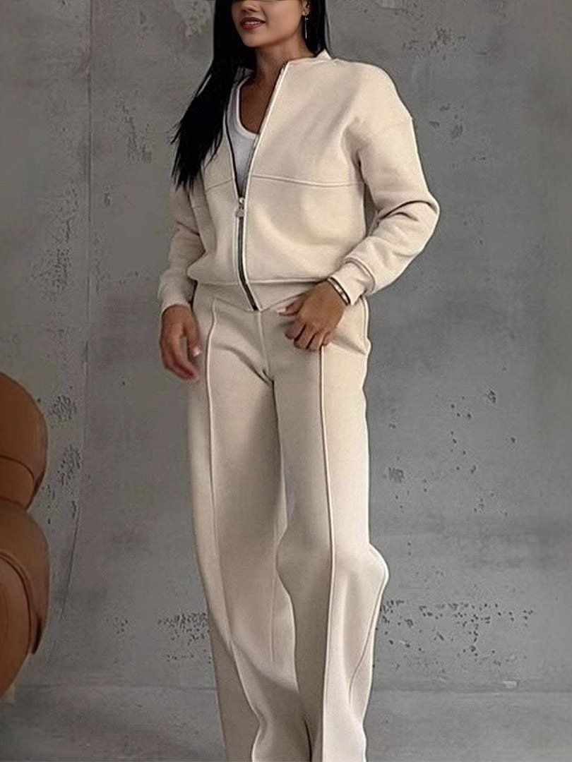 Damen Unifarben Nahtverarbeitung Zweiteiliges Set Täglich Langarm Lässig Frühling/Herbst Bluse mit Hose Matching Set