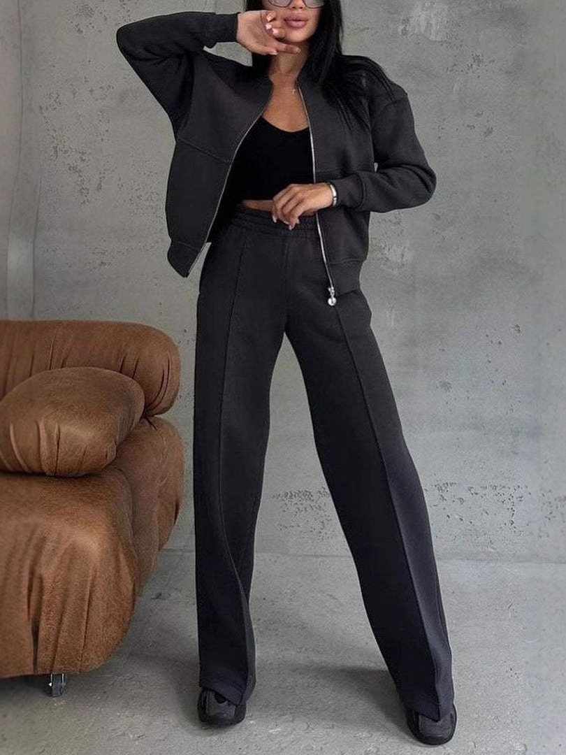 Damen Unifarben Nahtverarbeitung Zweiteiliges Set Täglich Langarm Lässig Frühling/Herbst Bluse mit Hose Matching Set