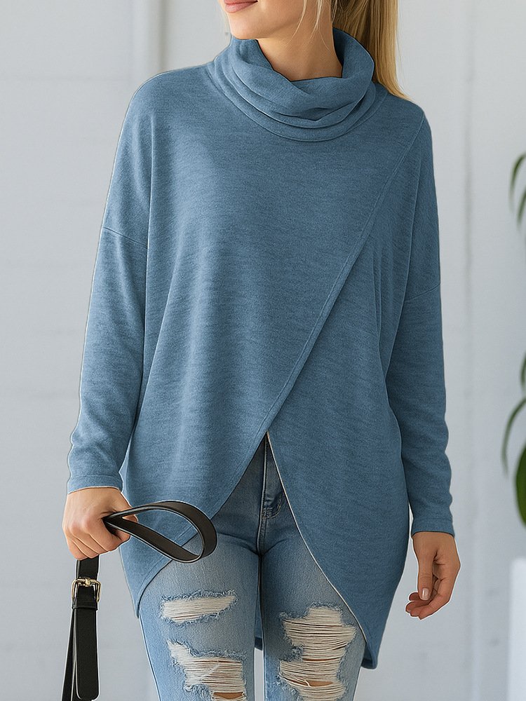 Damen Unifarben Langarm T-Shirts T-Shirt Mock Neck Asymmetrisch Lässig Frühling/Herbst Oberteile