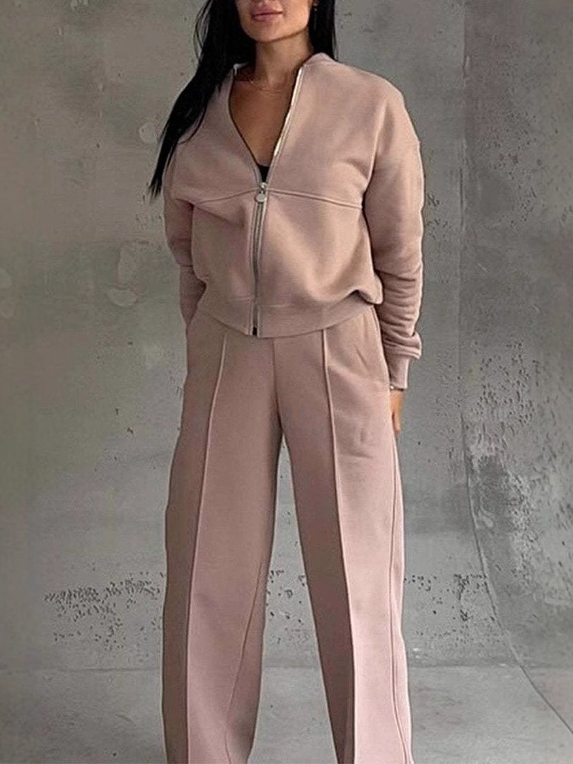 Damen Unifarben Nahtverarbeitung Zweiteiliges Set Täglich Langarm Lässig Frühling/Herbst Bluse mit Hose Matching Set