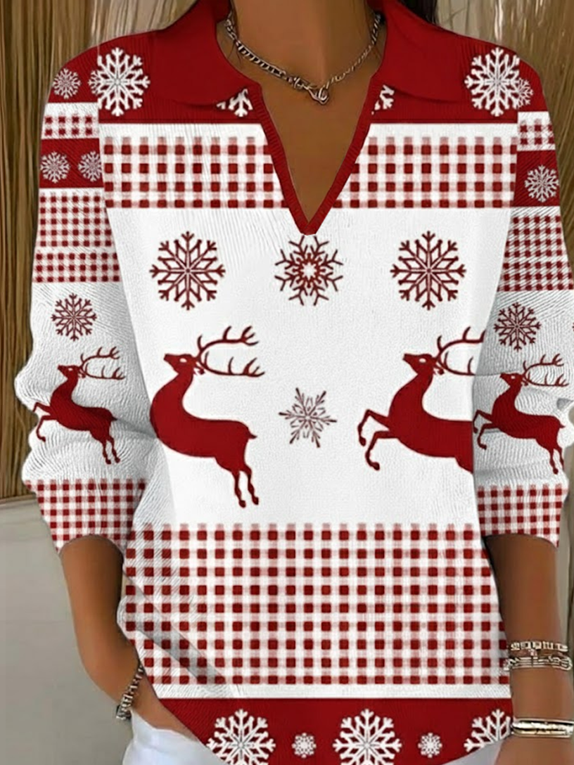Damen Weihnachten Print Frühling/Herbst Lässig Langarm Schalkragen Pullover