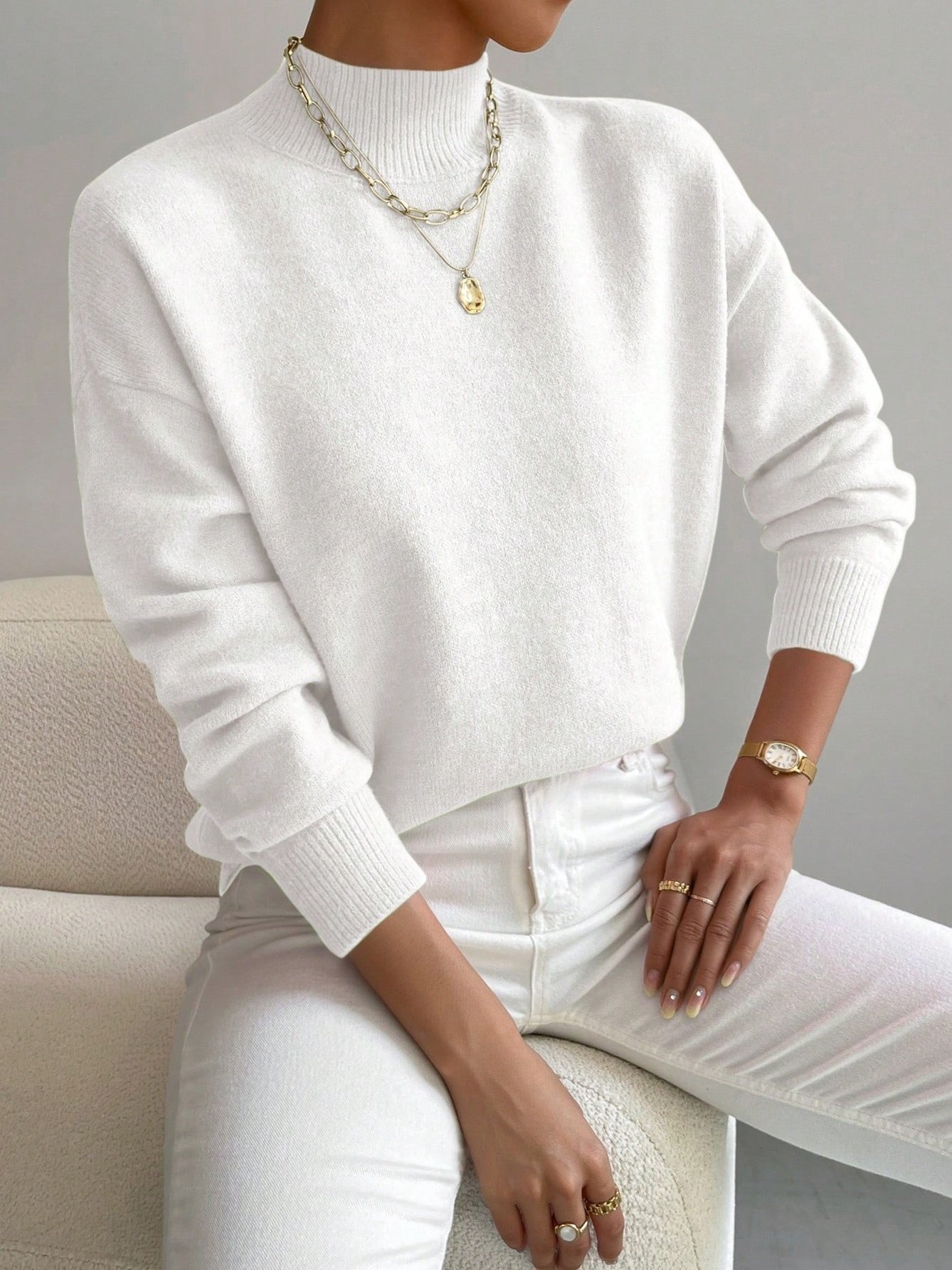 Damen Unifarben Nahtverarbeitung Winter Straße Langarm Mock Neck Pullover