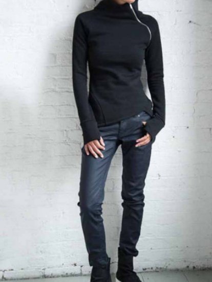 Damen Unifarben Mock Neck Nahtverarbeitung Retro Frühling/Herbst Langarm Sweatshirt